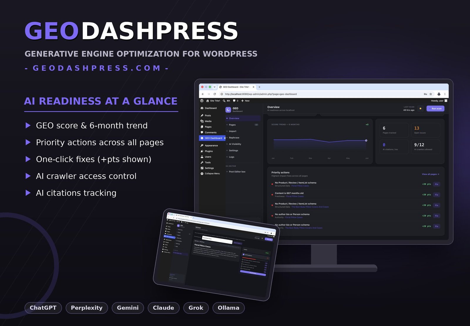 GEODashPress overview — AI readiness score, trend and priority actions
