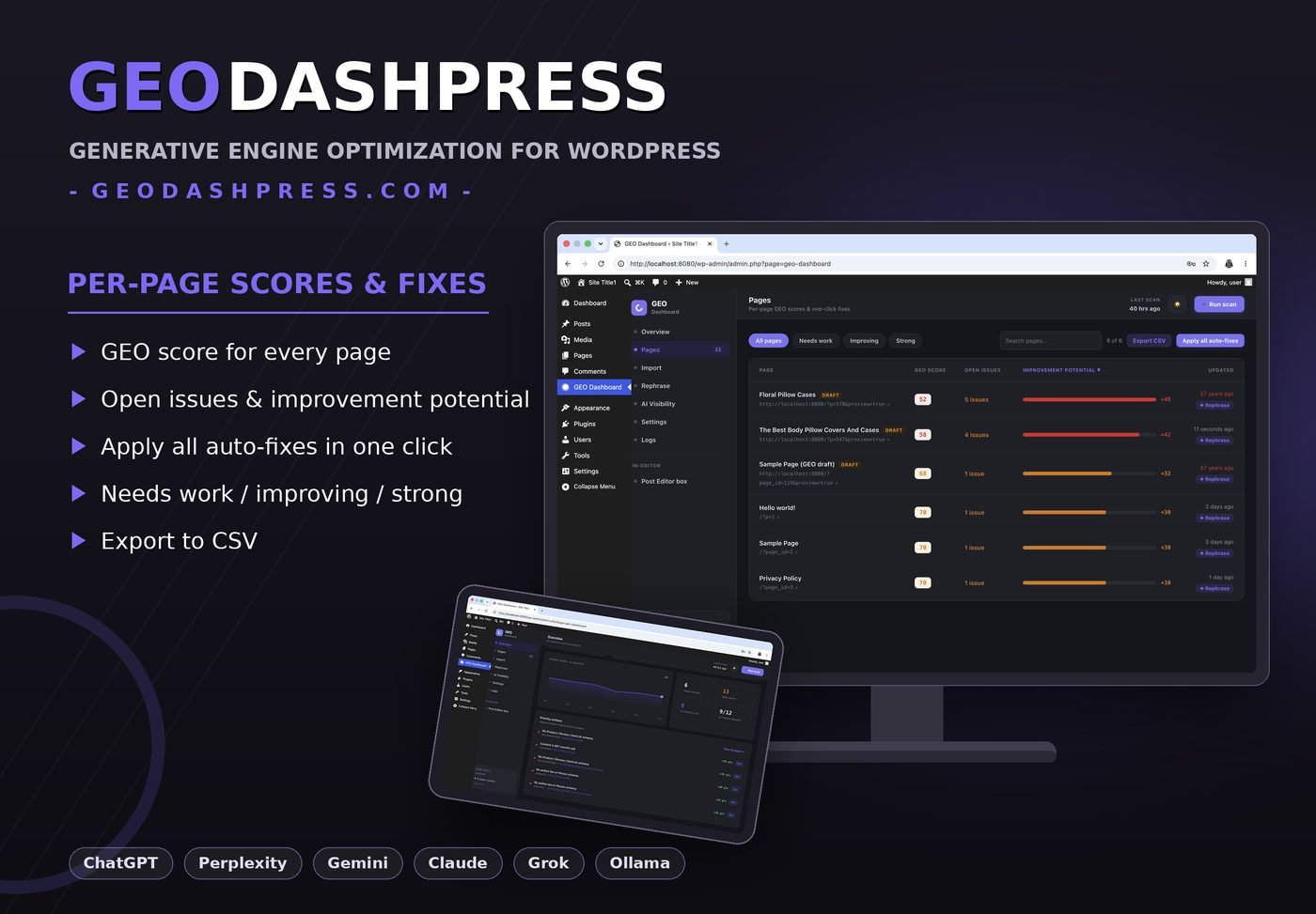 Pages screen — per-page GEO scores and one-click fixes